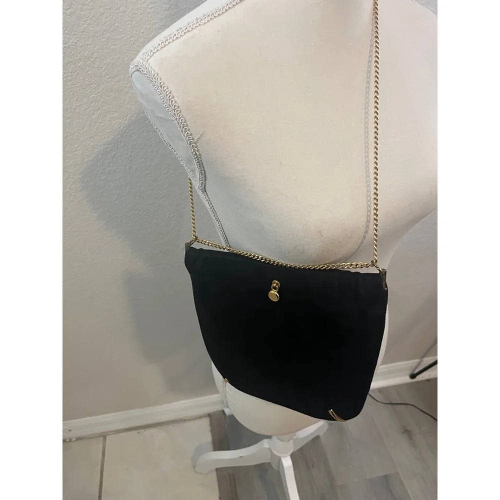 Vintage Ande 1960’s Black Suede Evening Bag Gold Double/Single Chain